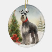 雪のクリスマスのシュナウザー犬 セラミックオーナメント (左)