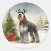 雪のクリスマスのシュナウザー ラウンドシール (正面)