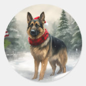 雪のクリスマスのジャーマンシェパード ラウンドシール (正面)