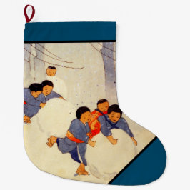 雪のクリスマスのストッキングで遊んでいる日本のな家族 ラージクリスマスストッキング