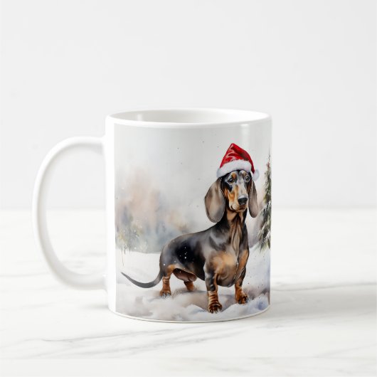 雪のクリスマスのダックスフント コーヒーマグカップ (左)