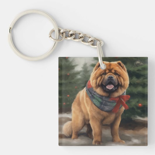 雪のクリスマスのチャウチャウ犬 キーホルダー (正面)