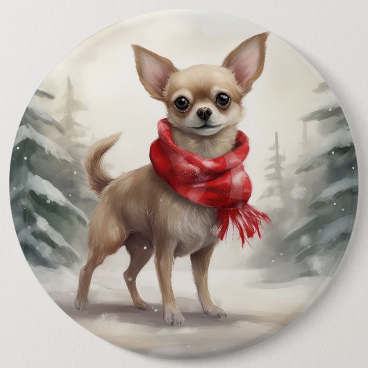 雪のクリスマスのチワワの犬 缶バッジ (正面)