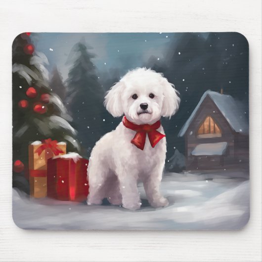 雪のクリスマスのビションフリーゼ マウスパッド (正面)