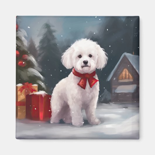 雪のクリスマスのビションフリーゼ マグネット (正面)