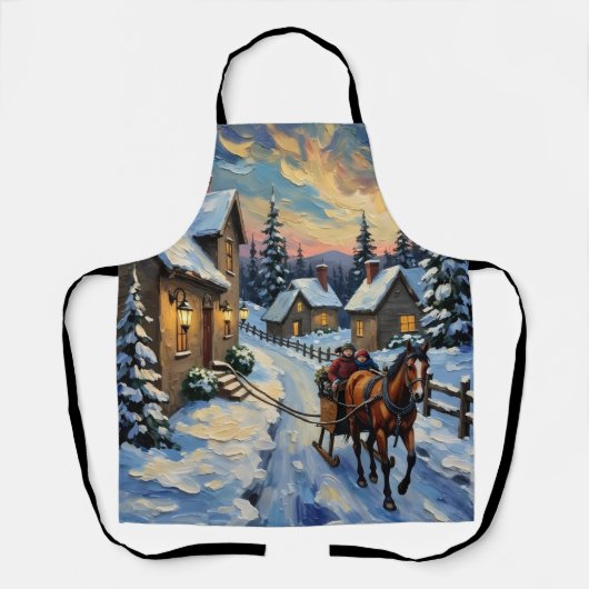 雪のクリスマスのビンテージの馬とソリ エプロン (正面)