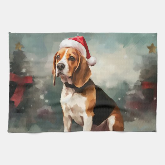 雪のクリスマスのビーグル犬 キッチンタオル (横)
