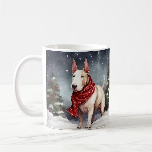 雪のクリスマスのブルテリア コーヒーマグカップ (左)