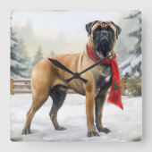 雪のクリスマスのブルマスティフ犬 スクエア壁時計 (正面)
