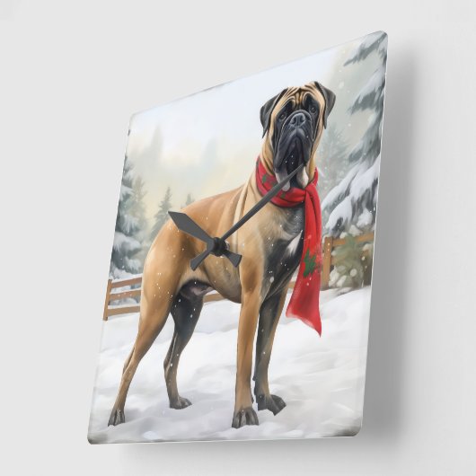 雪のクリスマスのブルマスティフ犬 スクエア壁時計 (傾斜)