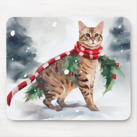 雪のクリスマスのベンガル猫 マウスパッド (正面)