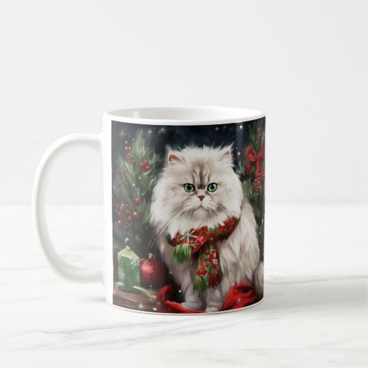 雪のクリスマスのペルシャ猫 コーヒーマグカップ (左)
