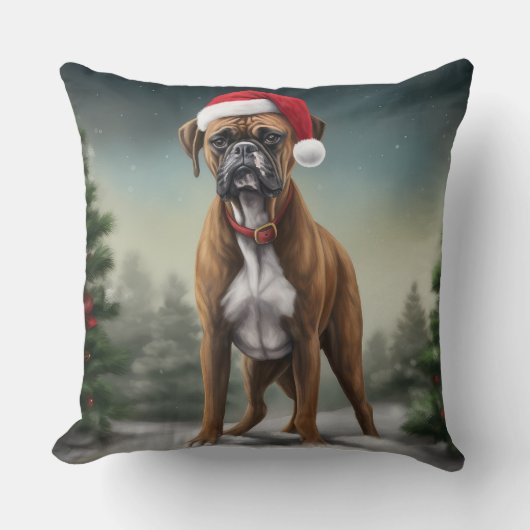 雪のクリスマスのボクサー犬 クッション (正面)