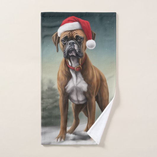 雪のクリスマスのボクサー犬 バスタオルセット (ハンドタオル)