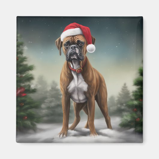 雪のクリスマスのボクサー犬  マグネット (正面)