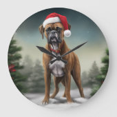 雪のクリスマスのボクサー犬 ラージ壁時計 (正面)