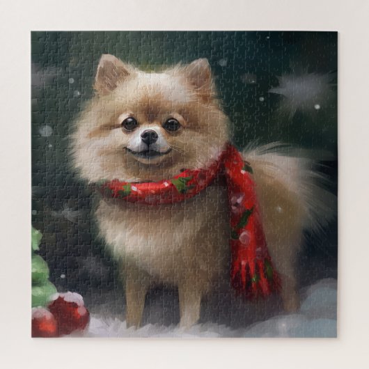 雪のクリスマスのポメラニアン ジグソーパズル (縦)
