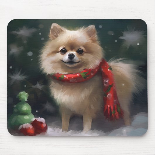 雪のクリスマスのポメラニアン マウスパッド (正面)