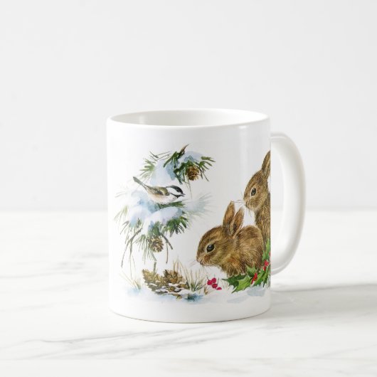 雪のクリスマスのマグの冬のバニーそして鳥 コーヒーマグカップ (正面右)
