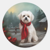 雪のクリスマスのマルチーズ ラウンドシール (正面)