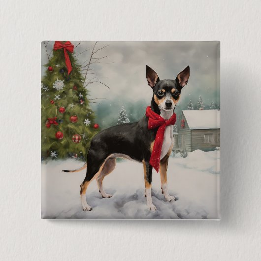 雪のクリスマスのラットテリアの犬 缶バッジ (正面)