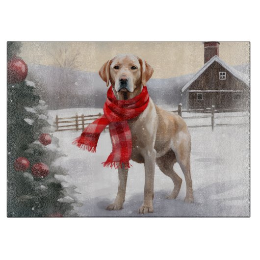 雪のクリスマスのラブラドール犬 カッティングボード (正面)