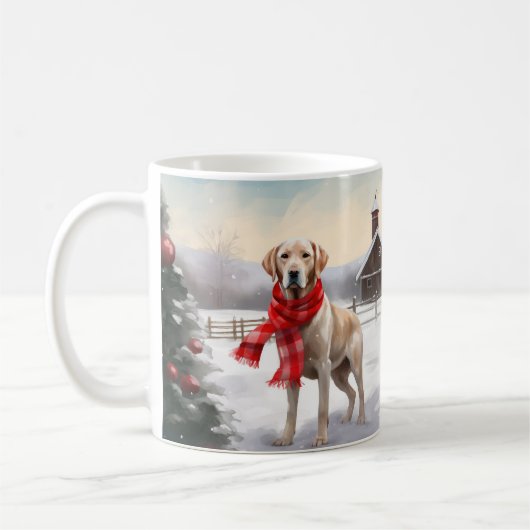 雪のクリスマスのラブラドール犬 コーヒーマグカップ (左)