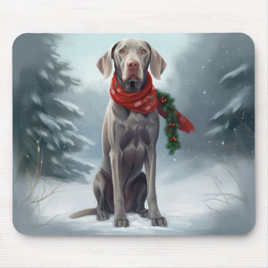 雪のクリスマスのワイマラナー犬 マウスパッド (正面)