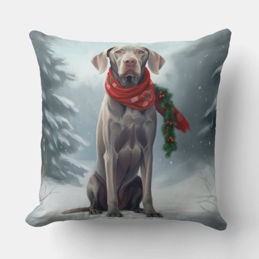 雪のクリスマスのヴァイマラナー犬 クッション (正面)