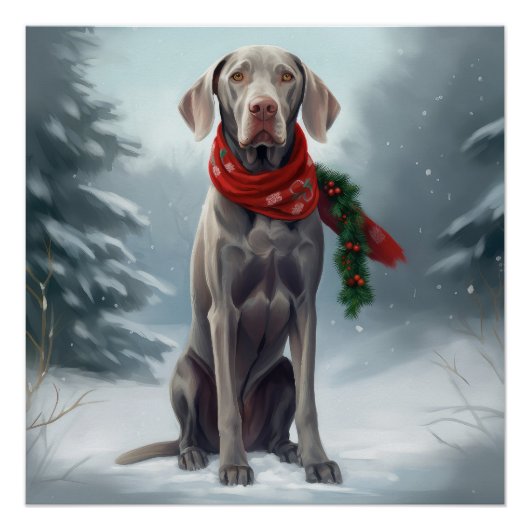 雪のクリスマスのヴァイマラナー犬 ポスター (正面)