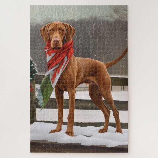 雪のクリスマスのヴィズラ犬 ジグソーパズル (縦)
