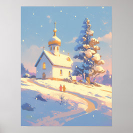 雪のクリスマスの教会の風景 ポスター