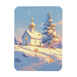 雪のクリスマスの教会の風景 マグネット