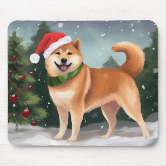 雪のクリスマスの柴犬 マウスパッド (正面)