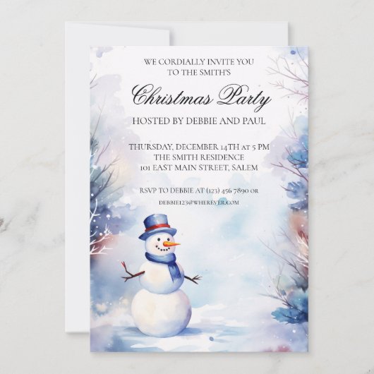 雪のクリスマスの水彩雪だるまパーティー 招待状 (正面)