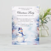 雪のクリスマスの水彩雪だるまパーティー 招待状 (スタンド正面)