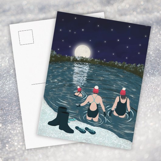 雪のクリスマスの湖でのオープンウォータースイミング シーズンポストカード