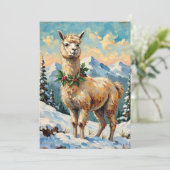 雪のクリスマスの牧草地のビンテージラマ シーズンカード (スタンド正面)