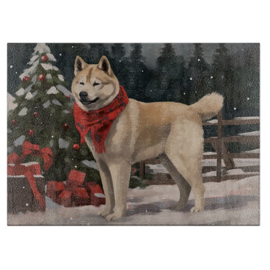 雪のクリスマスの秋田犬 カッティングボード (正面)