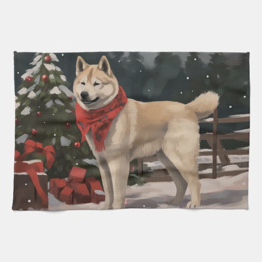 雪のクリスマスの秋田犬 キッチンタオル (横)