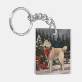 雪のクリスマスの秋田犬 キーホルダー (正面左)