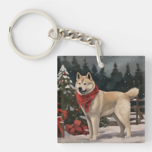 雪のクリスマスの秋田犬 キーホルダー (正面)