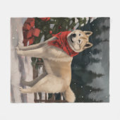 雪のクリスマスの秋田犬 フリースブランケット (正面(横))
