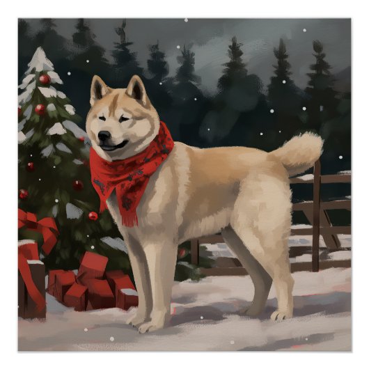 雪のクリスマスの秋田犬 ポスター (正面)