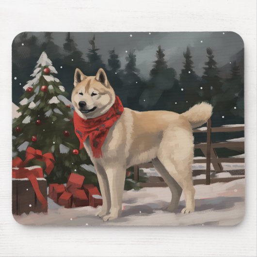 雪のクリスマスの秋田犬 マウスパッド (正面)