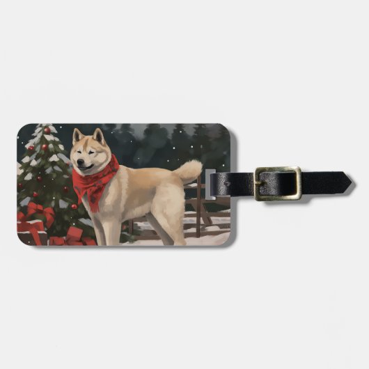 雪のクリスマスの秋田犬 ラゲッジタグ (正面横)