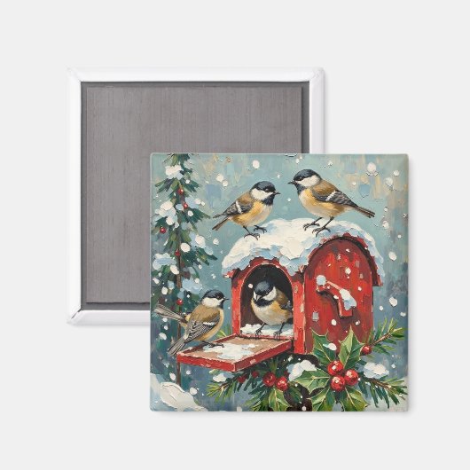 雪のクリスマスの郵便箱のシジュウカラ マグネット (正面/裏面)