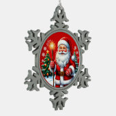 雪のクリスマスの陽気なサンタクロース スノーフレークピューターオーナメント (左)