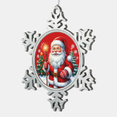 雪のクリスマスの陽気なサンタクロース スノーフレークピューターオーナメント (右)