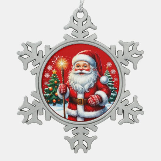 雪のクリスマスの陽気なサンタクロース スノーフレークピューターオーナメント (正面)